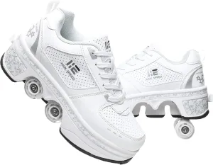 2-in-1 Roller Skates Shoes with Retractable 4 Wheels & Pop-Out Deformation Sneakers Outdoor Sports Skating Shoes for Girls Boys