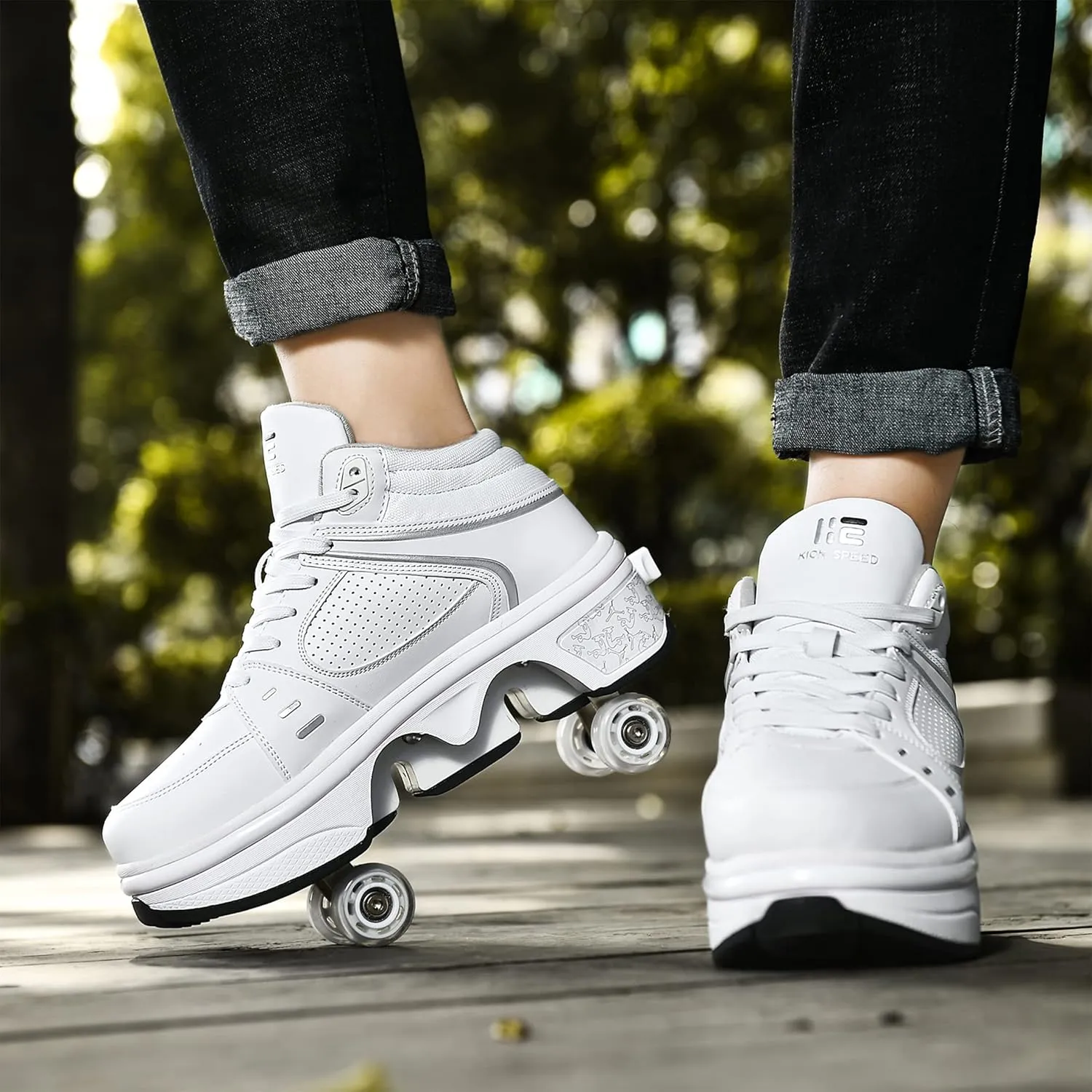 2-in-1 Roller Skates Shoes with Retractable 4 Wheels & Pop-Out Deformation Sneakers Outdoor Sports Skating Shoes for Girls Boys