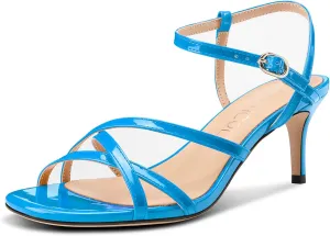 Aachcol Women's Mid Kitten Heels Strappy Heeled Sandals Open Round Toe Ankle Strap Prom Summer Dress Shoes 2.6 Inches Heels