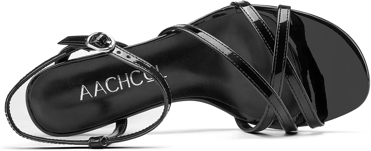 Aachcol Women's Mid Kitten Heels Strappy Heeled Sandals Open Round Toe Ankle Strap Prom Summer Dress Shoes 2.6 Inches Heels