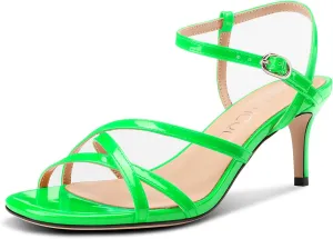 Aachcol Women's Mid Kitten Heels Strappy Heeled Sandals Open Round Toe Ankle Strap Prom Summer Dress Shoes 2.6 Inches Heels