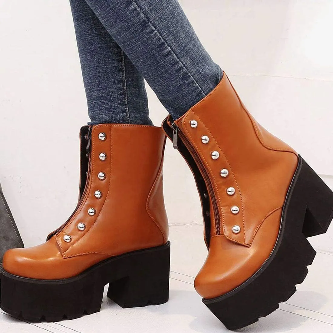 AIMODOR Women's Platform Ankle Boots Goth Punk Chunky Heel Booties With Zipper