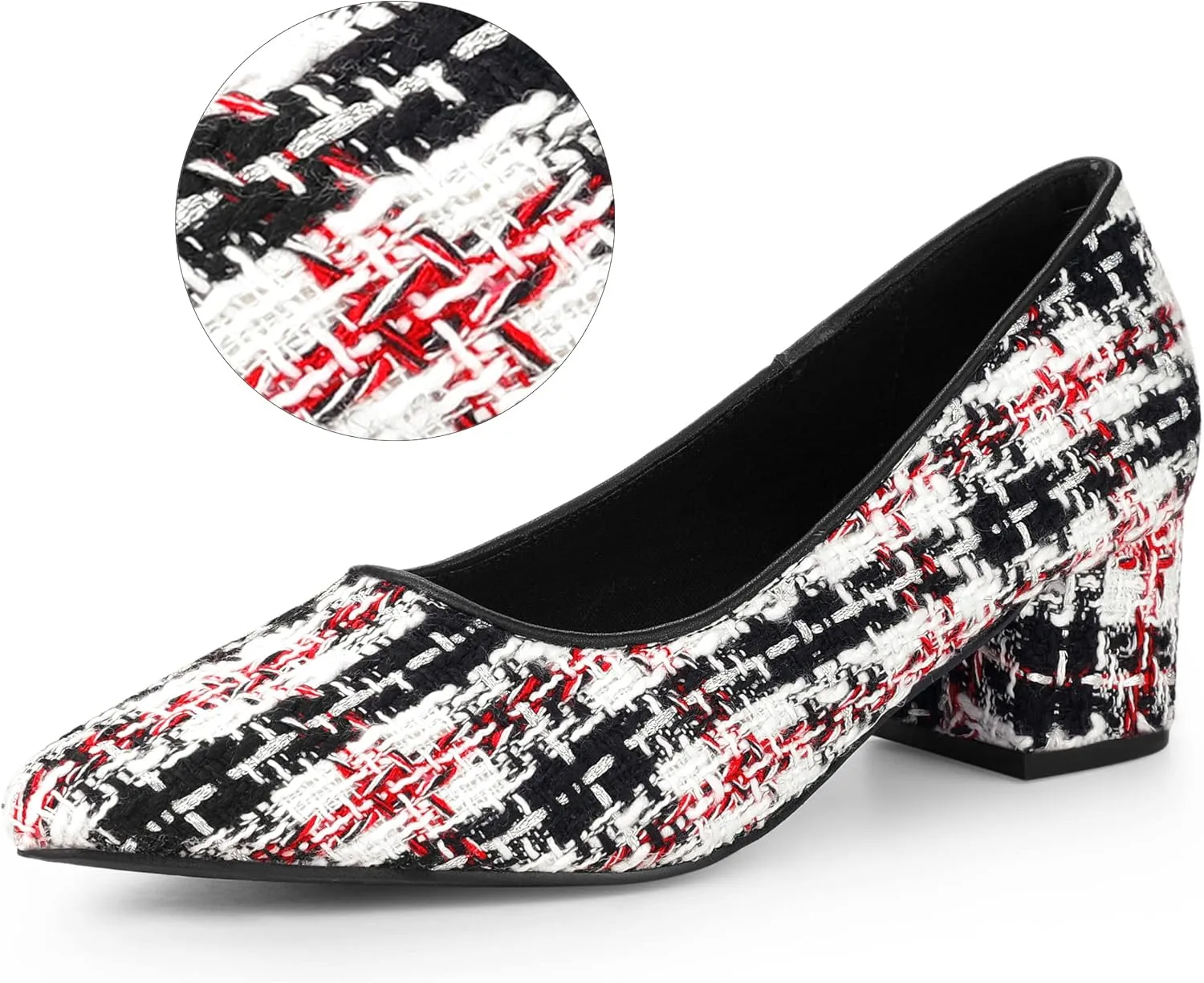Allegra K Women's Pointy Toe Tweed Plaid Knitted Printed Chunky Heels Pumps