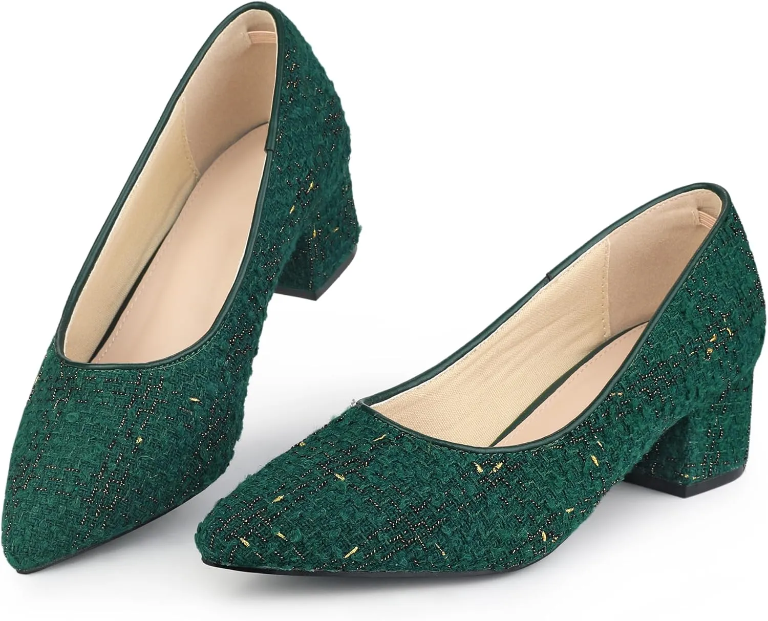 Allegra K Women's Pointy Toe Tweed Plaid Knitted Printed Chunky Heels Pumps