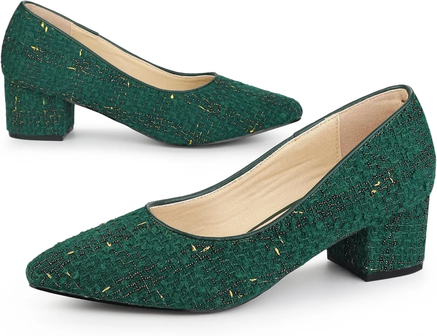 Allegra K Women's Pointy Toe Tweed Plaid Knitted Printed Chunky Heels Pumps