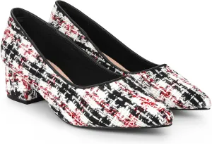 Allegra K Women's Pointy Toe Tweed Plaid Knitted Printed Chunky Heels Pumps