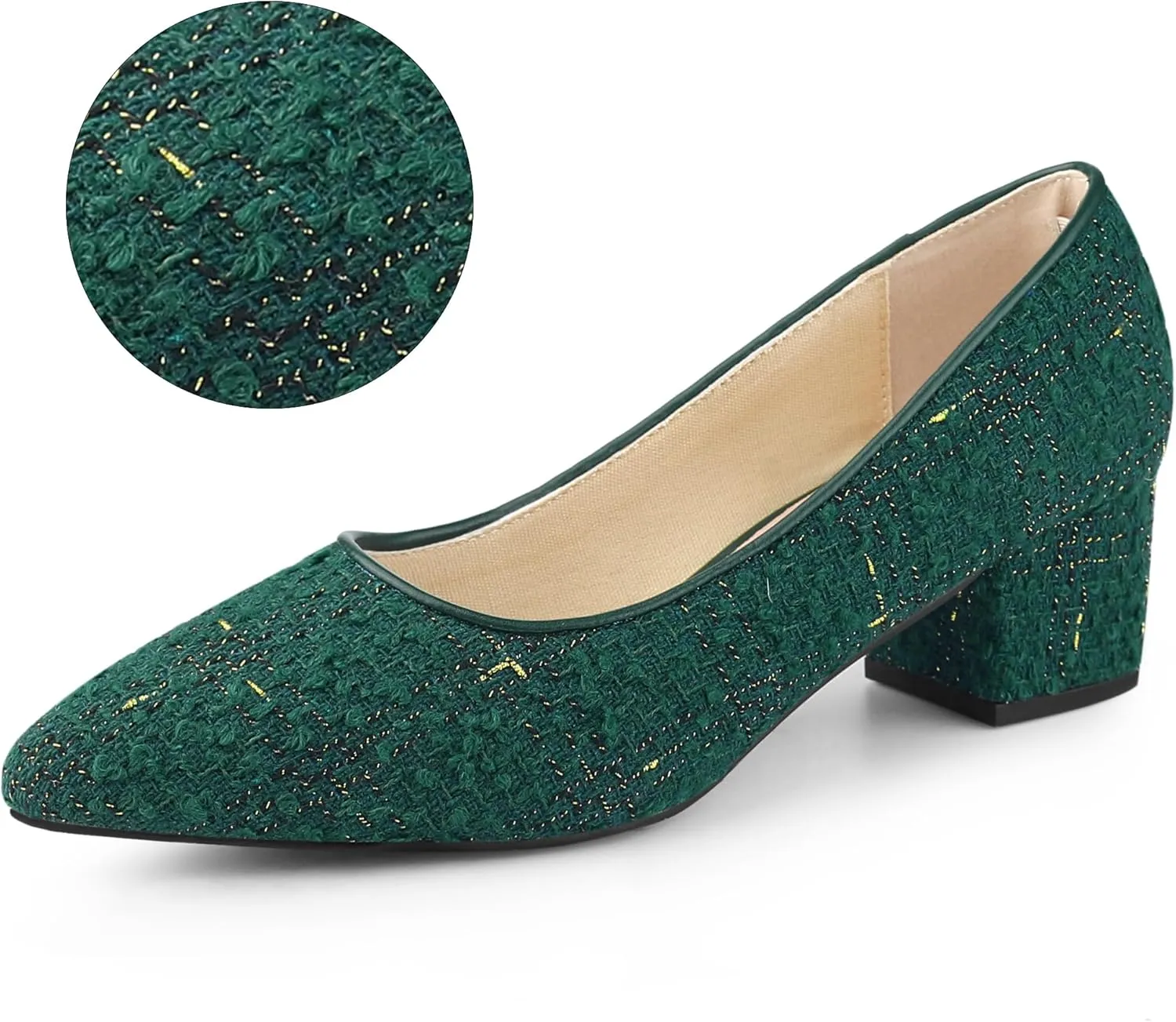 Allegra K Women's Pointy Toe Tweed Plaid Knitted Printed Chunky Heels Pumps