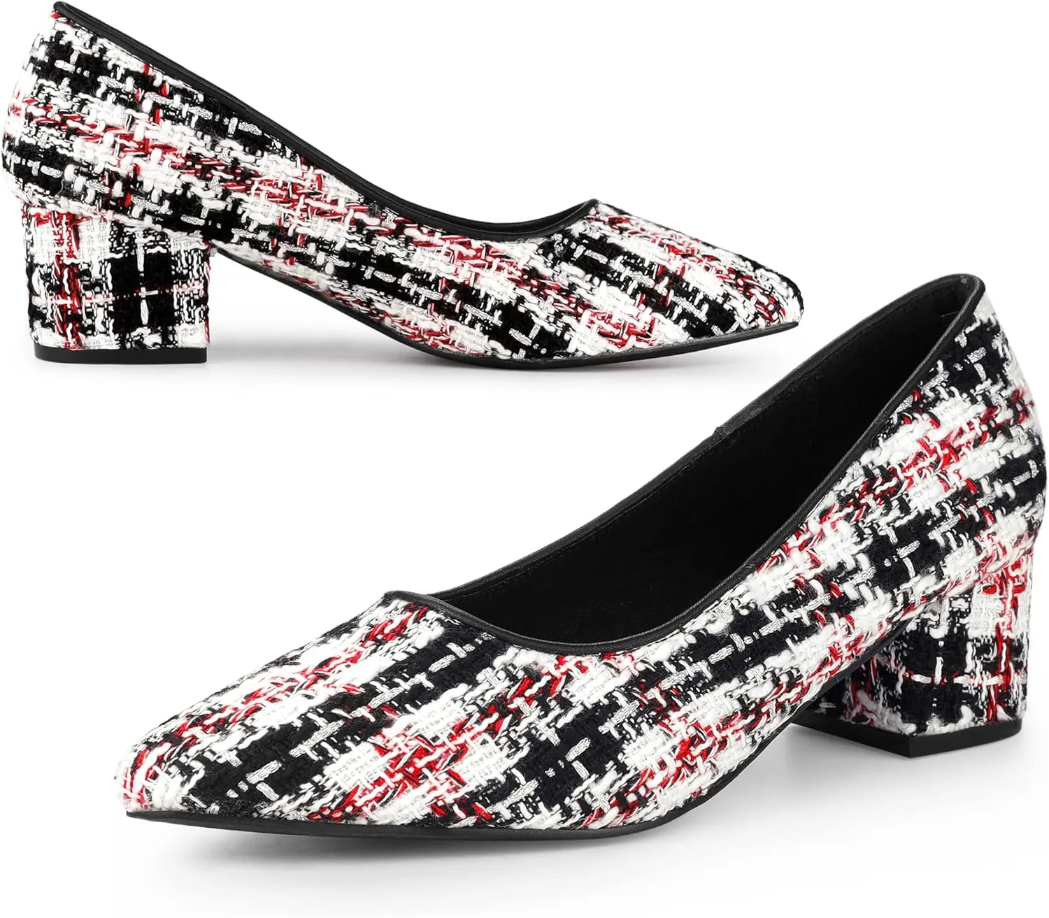 Allegra K Women's Pointy Toe Tweed Plaid Knitted Printed Chunky Heels Pumps