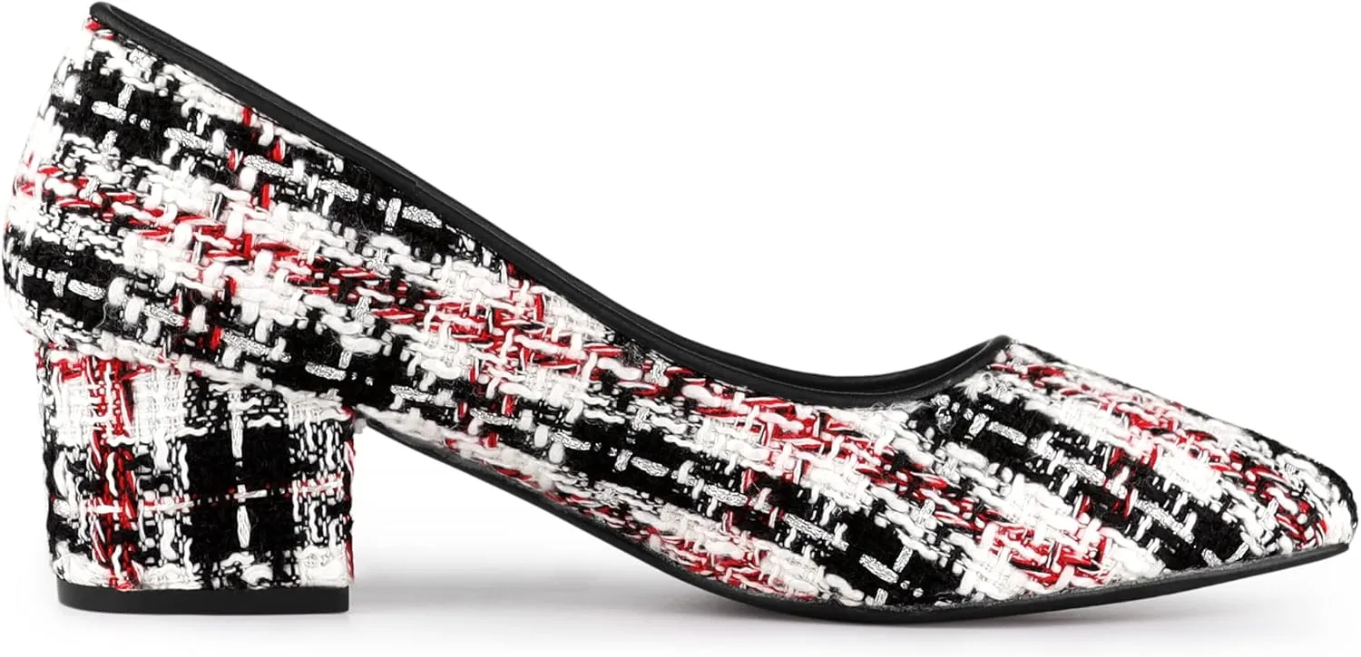 Allegra K Women's Pointy Toe Tweed Plaid Knitted Printed Chunky Heels Pumps