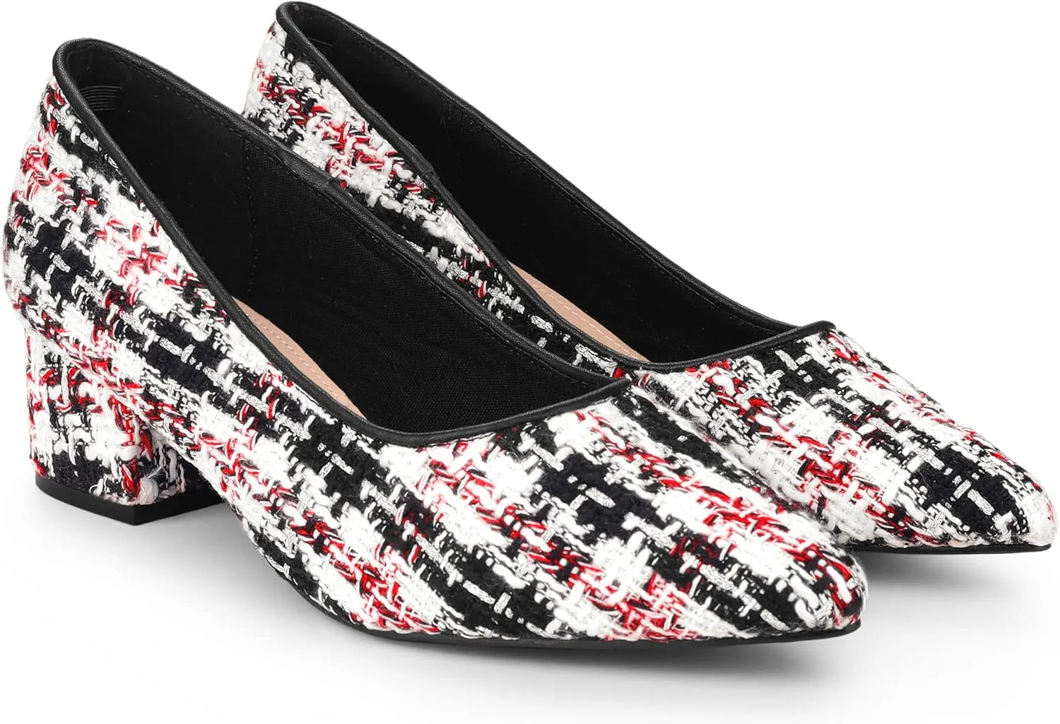 Allegra K Women's Pointy Toe Tweed Plaid Knitted Printed Chunky Heels Pumps