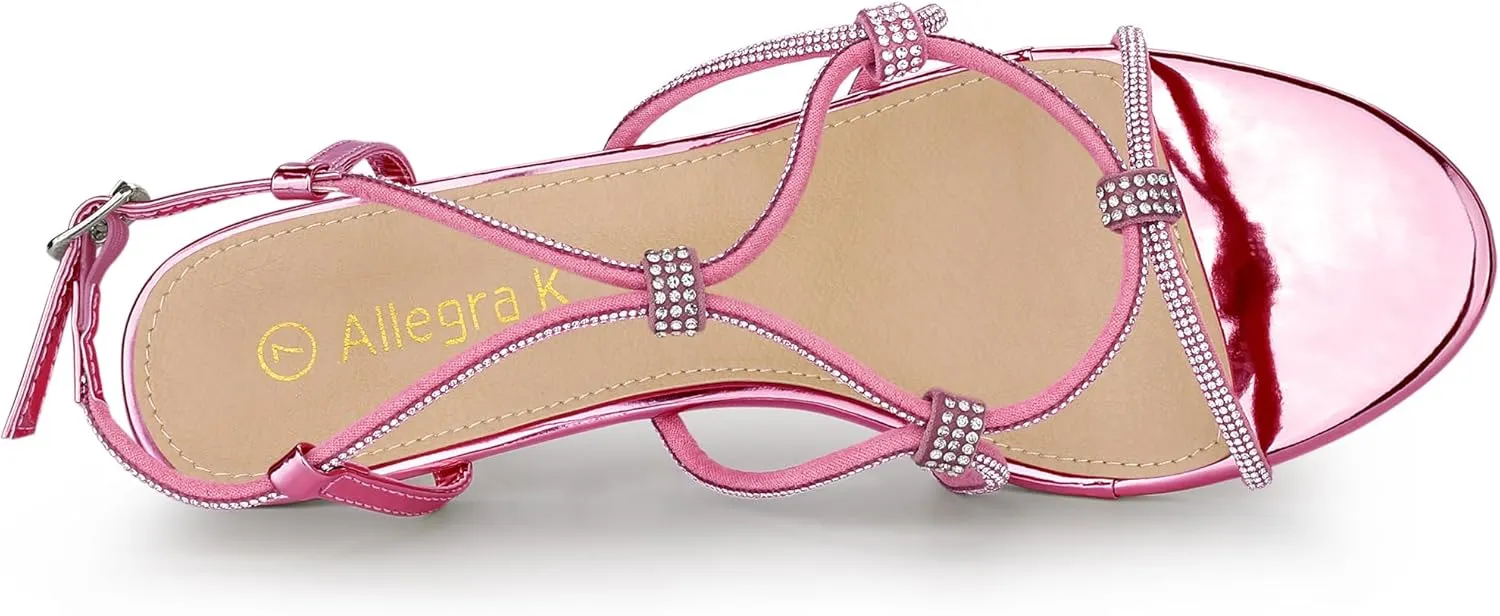 Allegra K Women's Rhinestone Strappy Slingback Kitten Heel Sandals