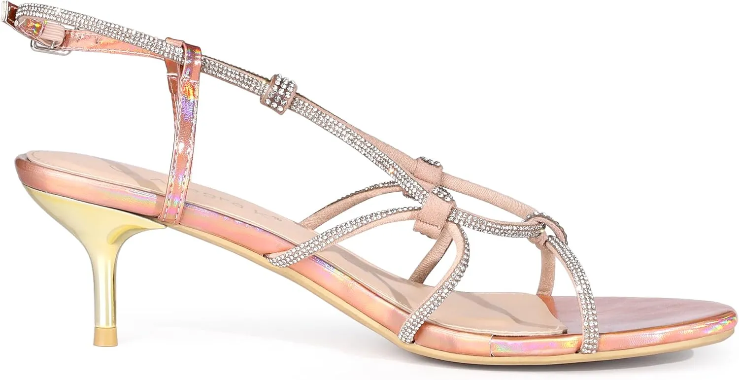 Allegra K Women's Rhinestone Strappy Slingback Kitten Heel Sandals
