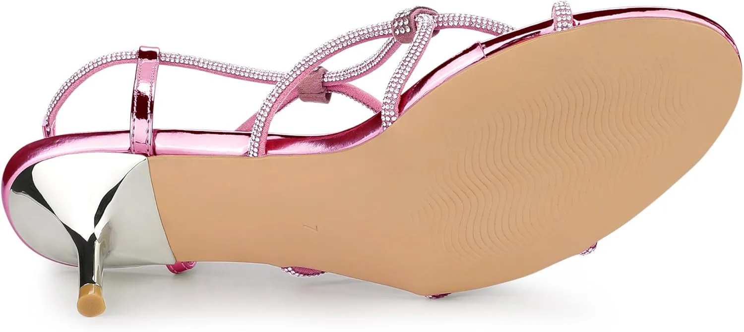 Allegra K Women's Rhinestone Strappy Slingback Kitten Heel Sandals