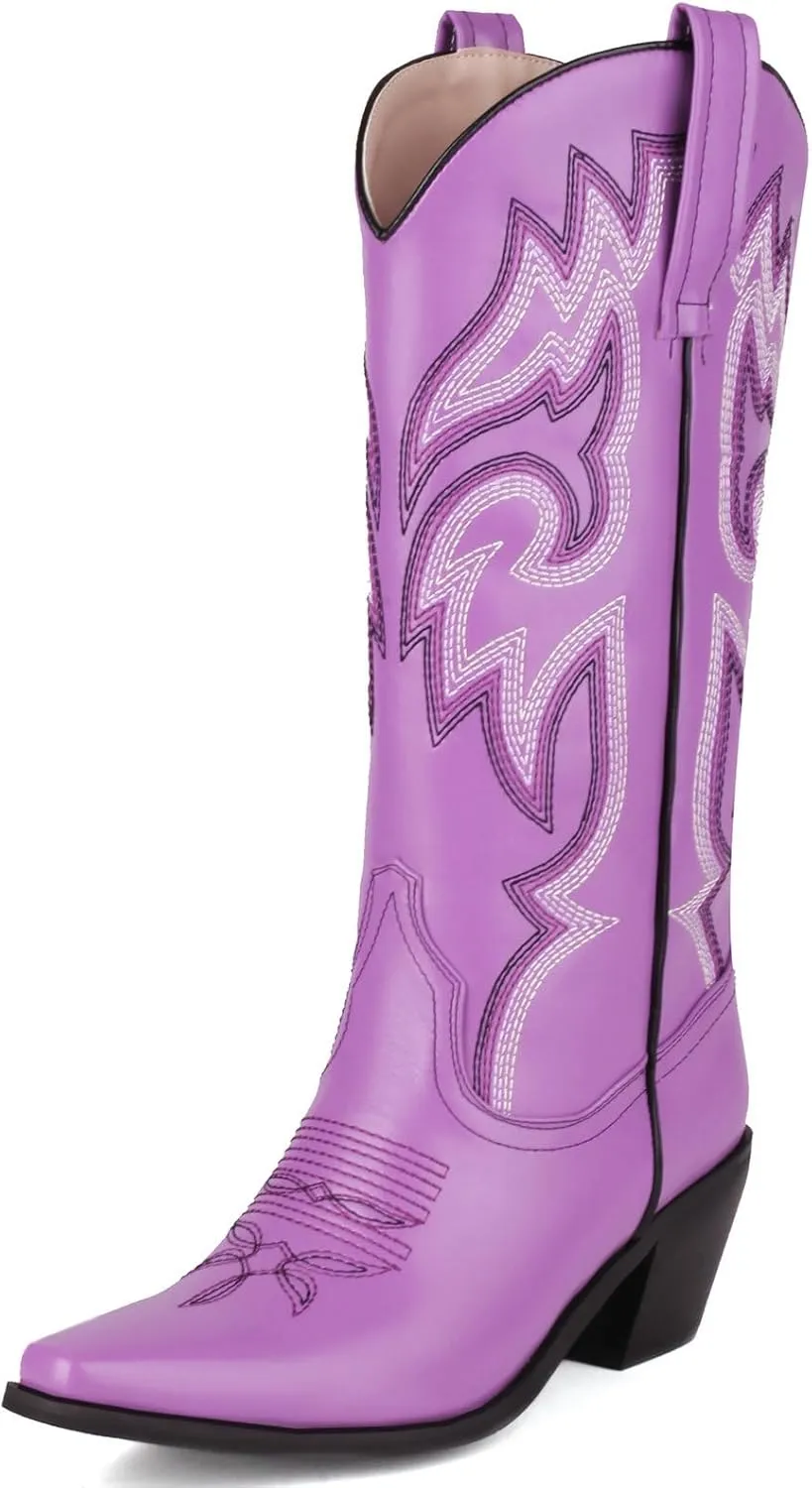 Alsoloveu Women's Mid Calf Cowboy Boots Embroidered Western Boots Snip Toe Chunky Mid Heel Cowgirl Boots Pull on