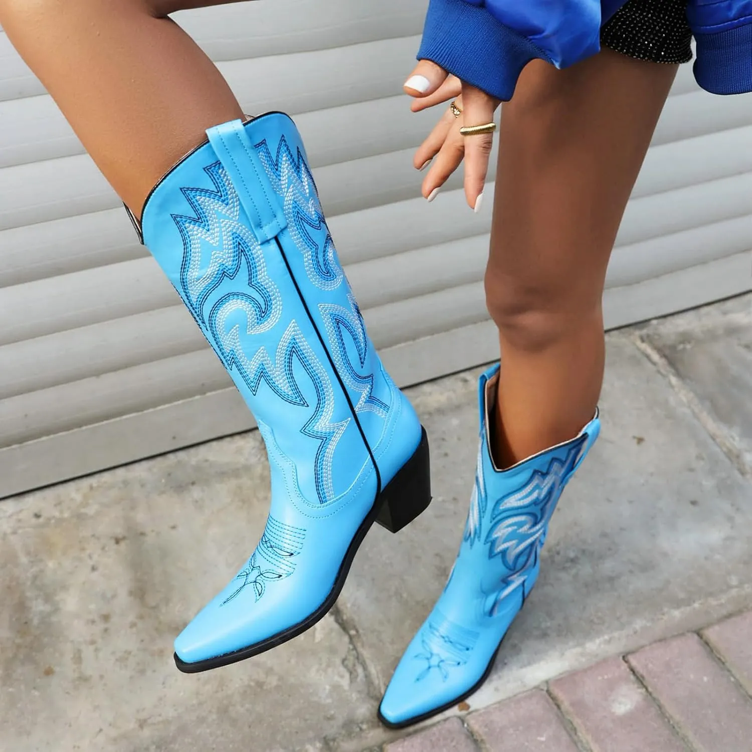 Alsoloveu Women's Mid Calf Cowboy Boots Embroidered Western Boots Snip Toe Chunky Mid Heel Cowgirl Boots Pull on