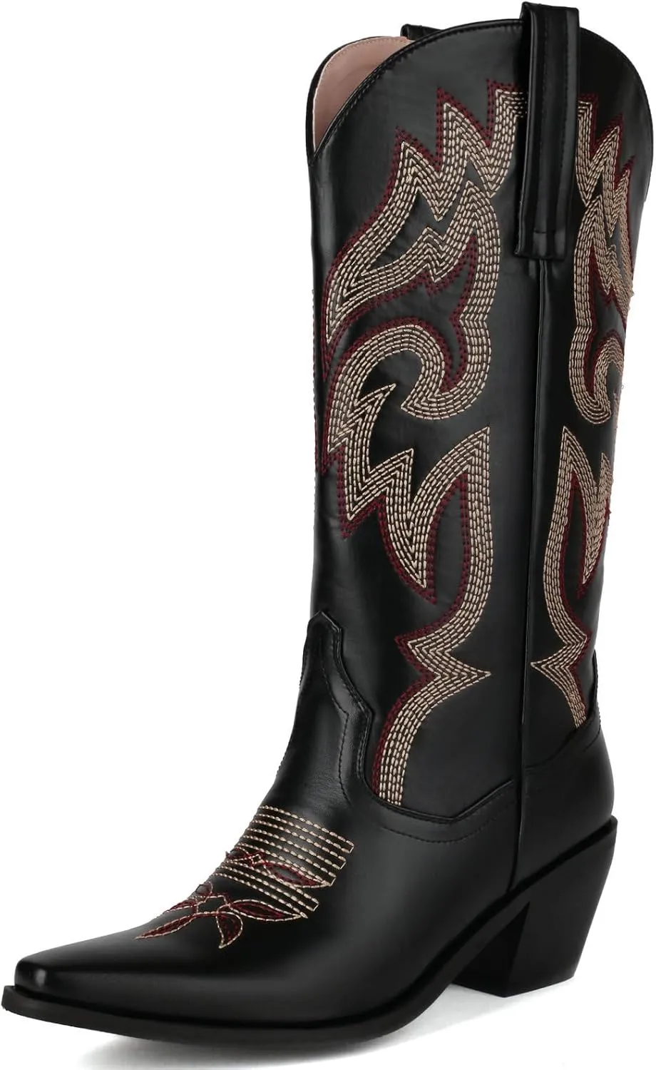 Alsoloveu Women's Mid Calf Cowboy Boots Embroidered Western Boots Snip Toe Chunky Mid Heel Cowgirl Boots Pull on