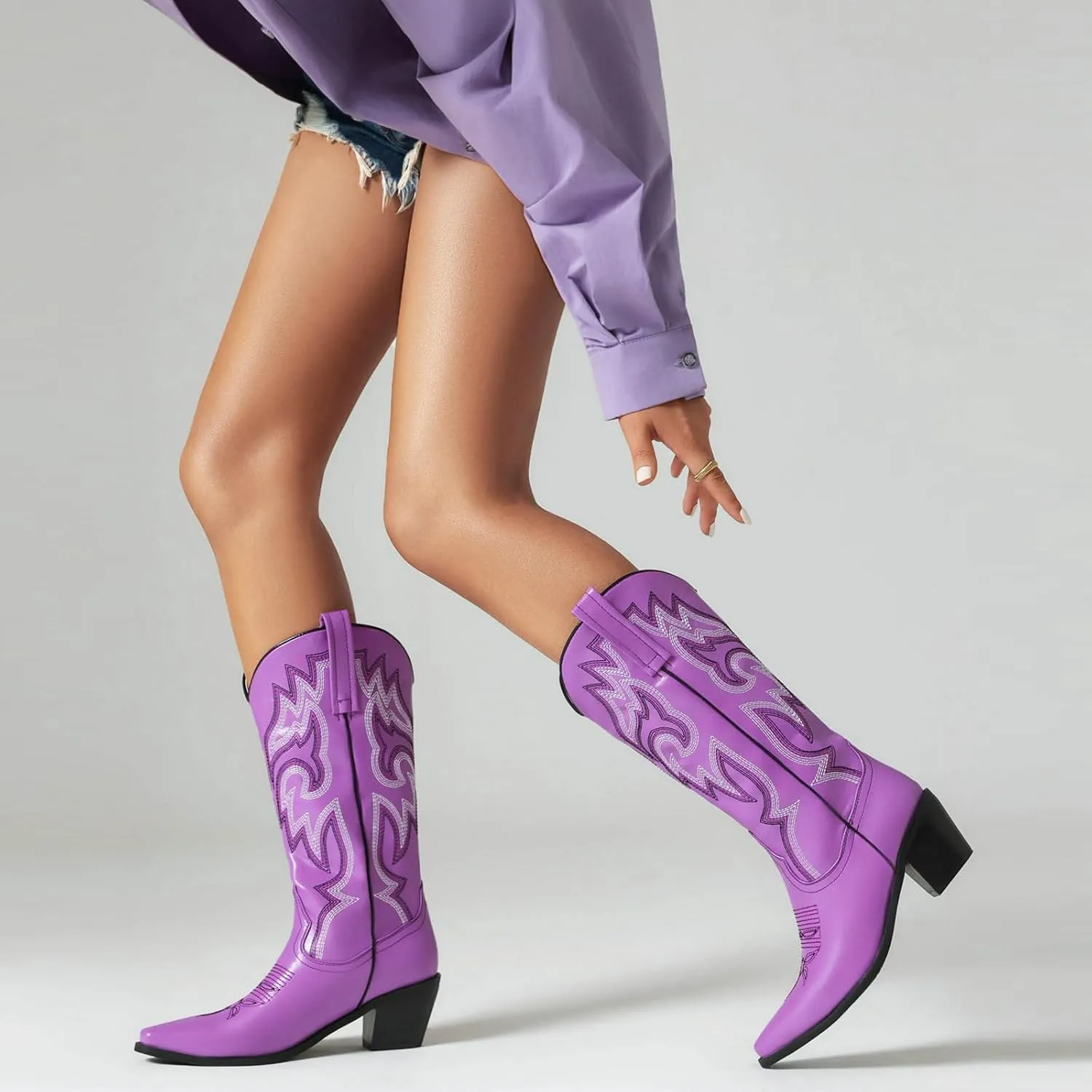 Alsoloveu Women's Mid Calf Cowboy Boots Embroidered Western Boots Snip Toe Chunky Mid Heel Cowgirl Boots Pull on