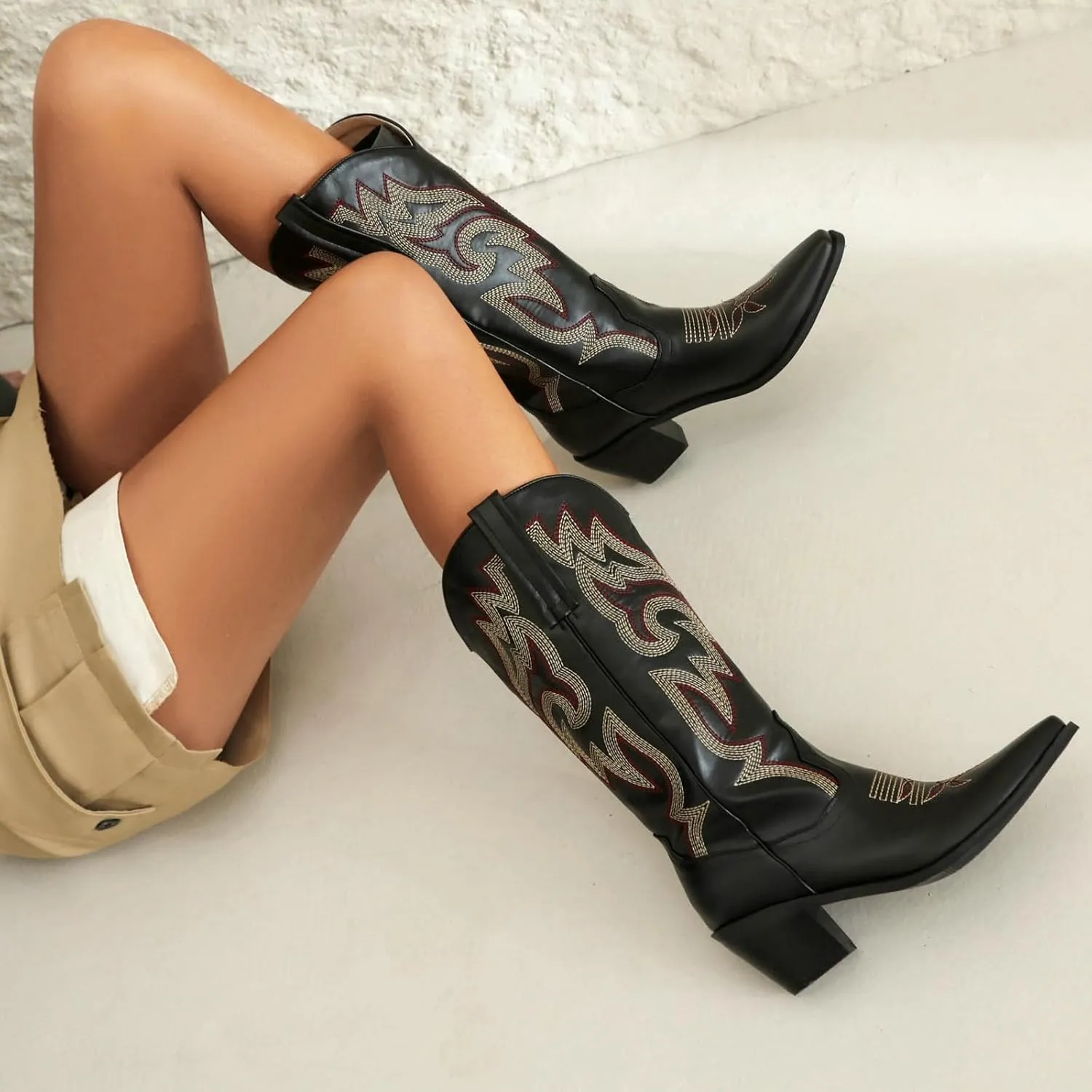 Alsoloveu Women's Mid Calf Cowboy Boots Embroidered Western Boots Snip Toe Chunky Mid Heel Cowgirl Boots Pull on
