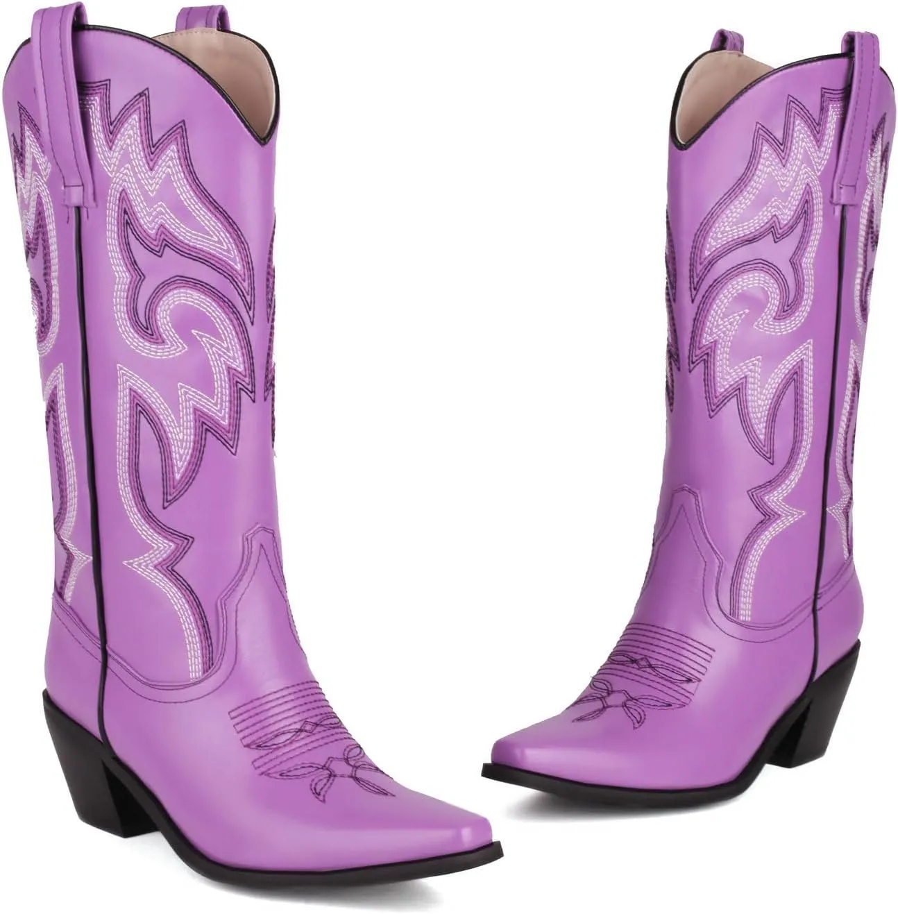 Alsoloveu Women's Mid Calf Cowboy Boots Embroidered Western Boots Snip Toe Chunky Mid Heel Cowgirl Boots Pull on