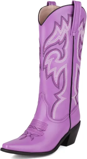 Alsoloveu Women's Mid Calf Cowboy Boots Embroidered Western Boots Snip Toe Chunky Mid Heel Cowgirl Boots Pull on
