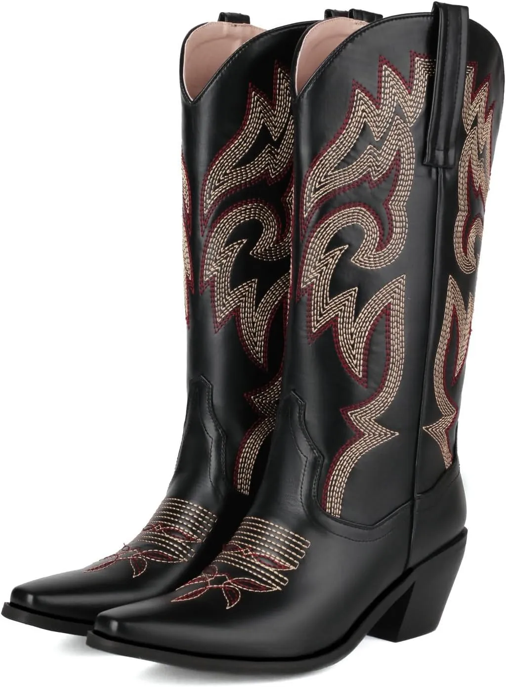 Alsoloveu Women's Mid Calf Cowboy Boots Embroidered Western Boots Snip Toe Chunky Mid Heel Cowgirl Boots Pull on