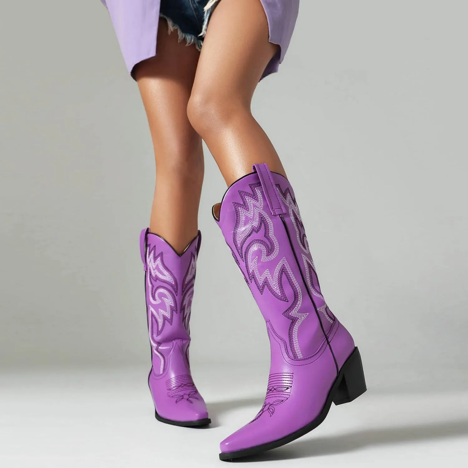Alsoloveu Women's Mid Calf Cowboy Boots Embroidered Western Boots Snip Toe Chunky Mid Heel Cowgirl Boots Pull on