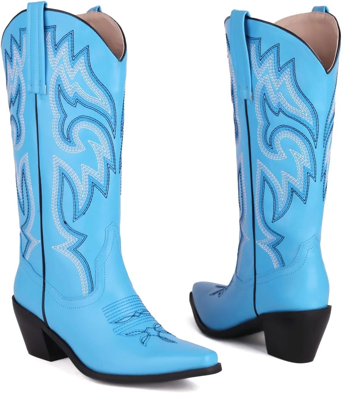 Alsoloveu Women's Mid Calf Cowboy Boots Embroidered Western Boots Snip Toe Chunky Mid Heel Cowgirl Boots Pull on