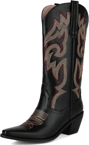 Alsoloveu Women's Mid Calf Cowboy Boots Embroidered Western Boots Snip Toe Chunky Mid Heel Cowgirl Boots Pull on