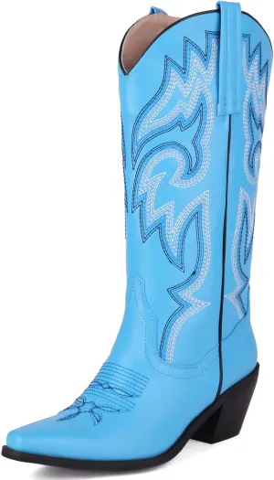 Alsoloveu Women's Mid Calf Cowboy Boots Embroidered Western Boots Snip Toe Chunky Mid Heel Cowgirl Boots Pull on