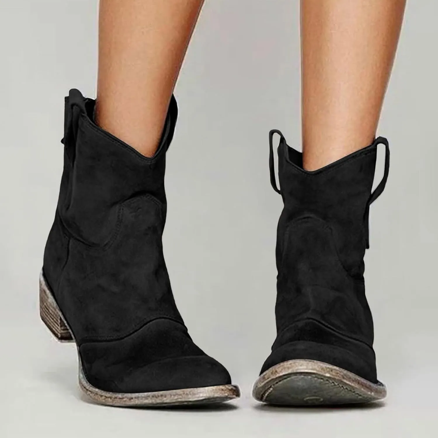 AMDBEL Fall Boots for Women 2024, Women's Ankle Boots Chunky Low Heel Suede Mid Calf Zipper Cowboy Boots Winter Booties