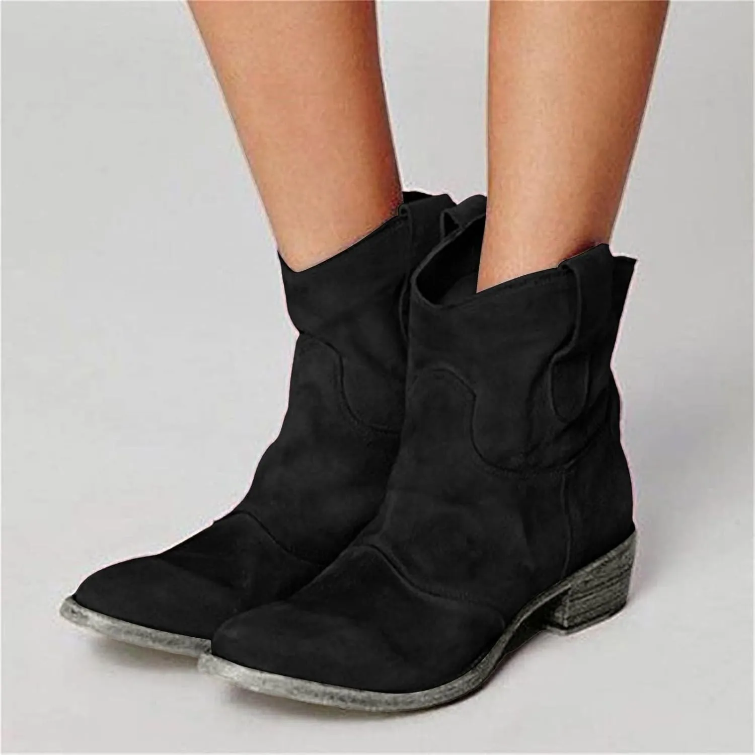 AMDBEL Fall Boots for Women 2024, Women's Ankle Boots Chunky Low Heel Suede Mid Calf Zipper Cowboy Boots Winter Booties