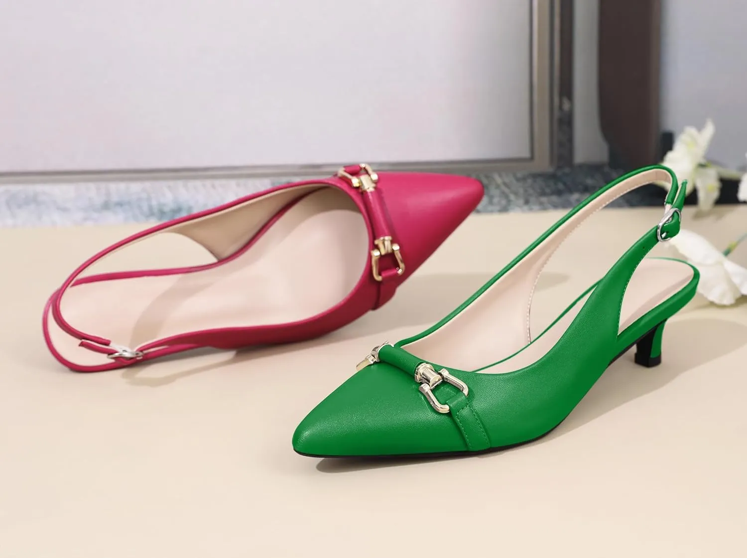 AUMOTED Women Kitten Slingback Low Heel Pumps Pointed Toe with Buckle Bow Ankle Strap Dress Shoes for Office Party Wedding 1.6 Inch