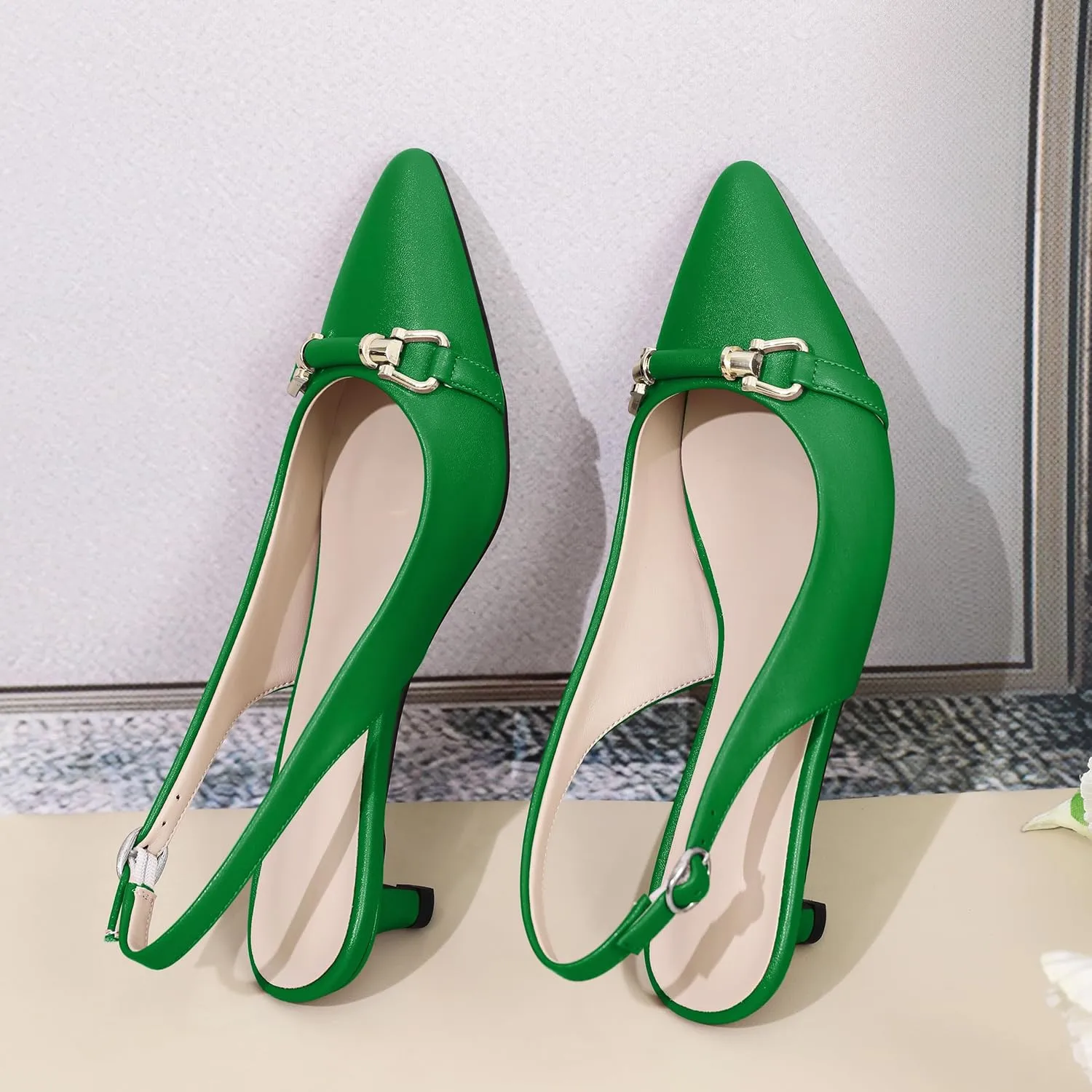 AUMOTED Women Kitten Slingback Low Heel Pumps Pointed Toe with Buckle Bow Ankle Strap Dress Shoes for Office Party Wedding 1.6 Inch