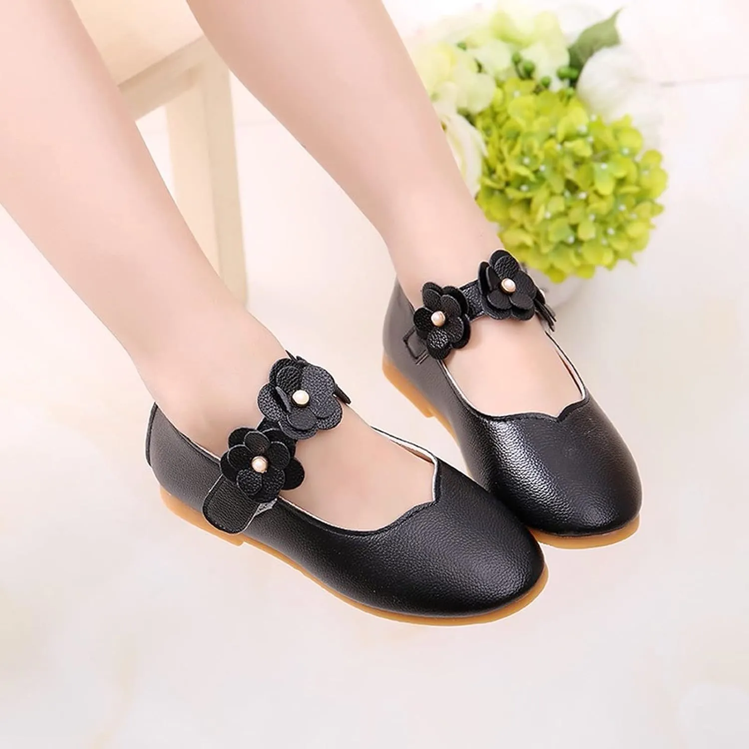 Baby Girls Dress Shoes Closed Toe Wedding Party School Ankle Strap Ballet Flats Shoes Big Kids Flower Girl Shoes