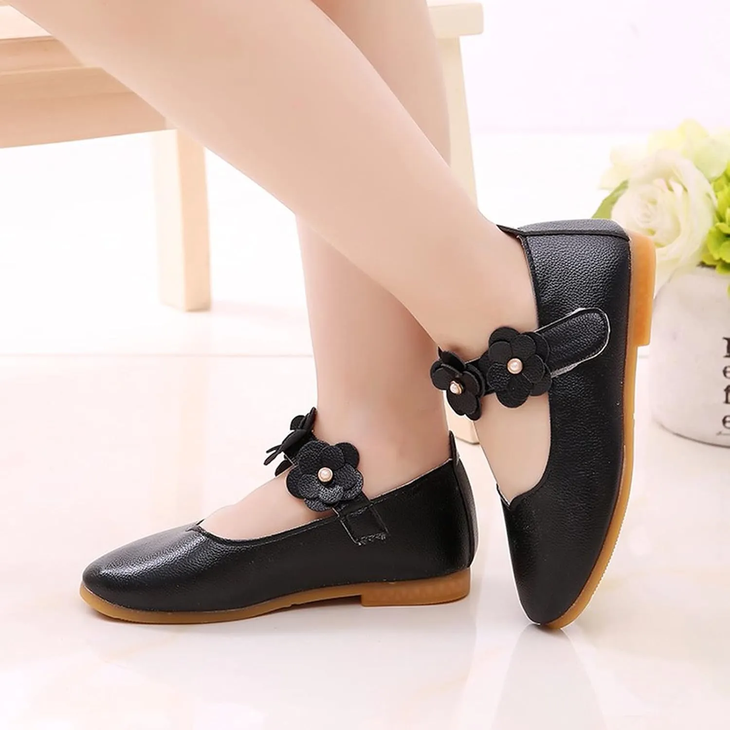 Baby Girls Dress Shoes Closed Toe Wedding Party School Ankle Strap Ballet Flats Shoes Big Kids Flower Girl Shoes