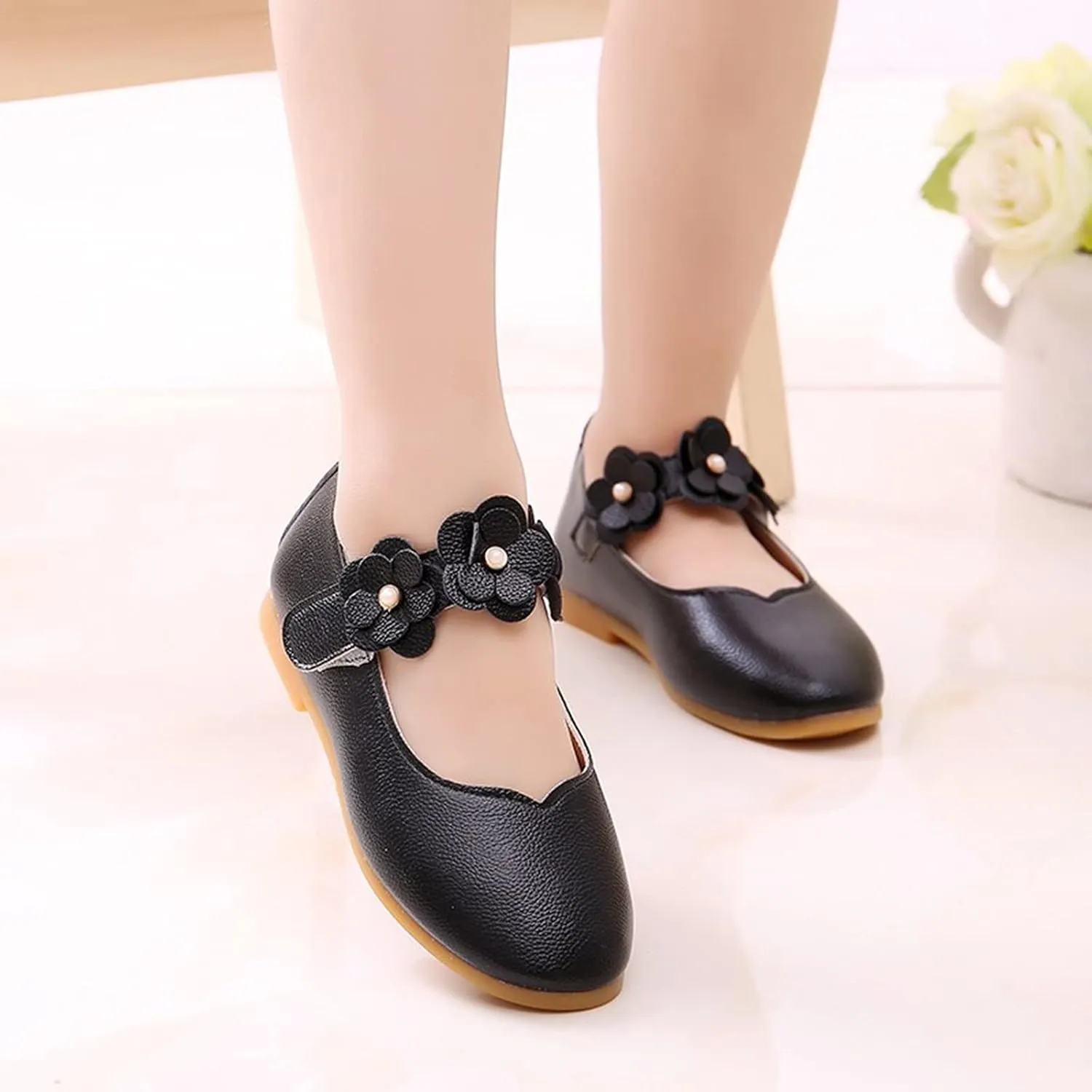 Baby Girls Dress Shoes Closed Toe Wedding Party School Ankle Strap Ballet Flats Shoes Big Kids Flower Girl Shoes