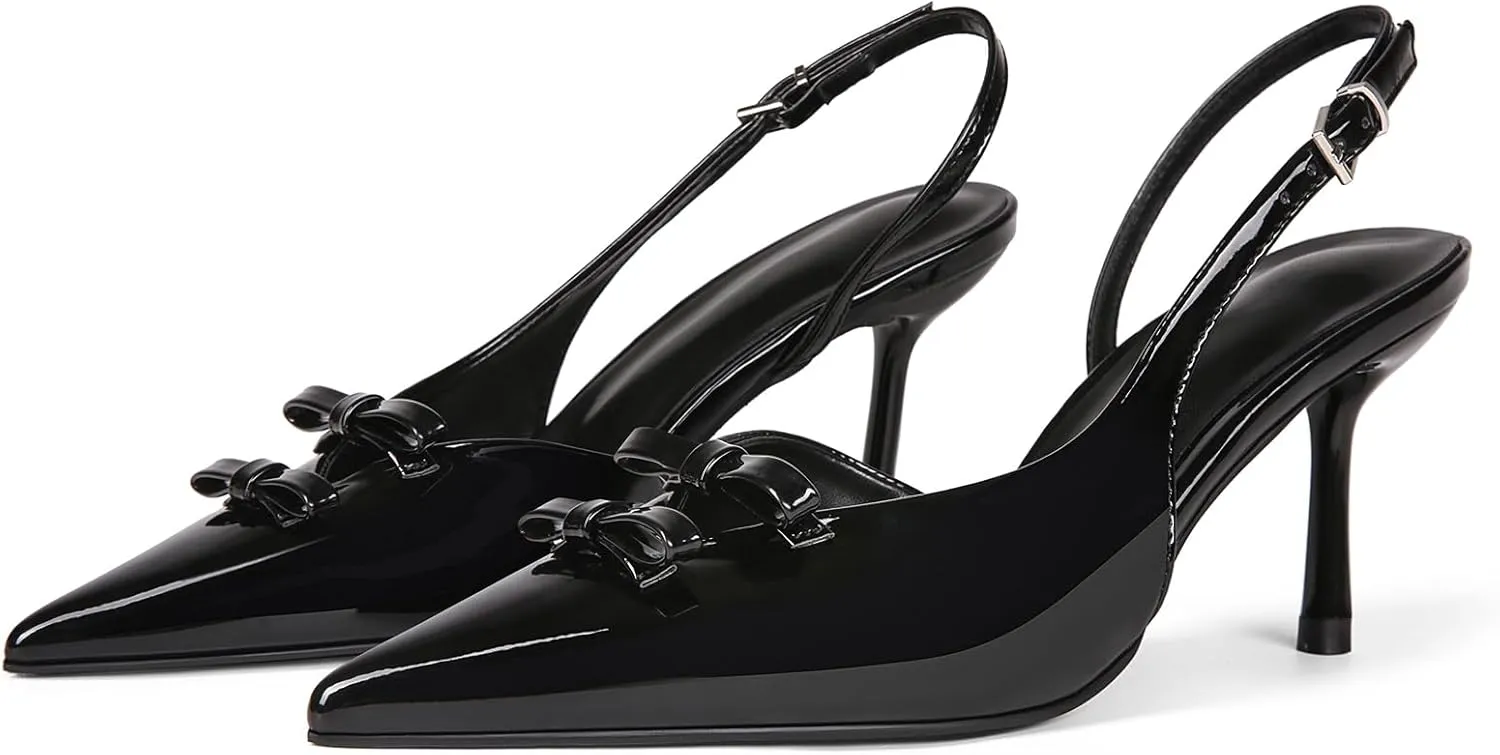 baobeijiadao Womens Pointed Toe Pumps Slingback Bow Stiletto Heels Closed Toe Heeled Sandals Slip On Dress Shoes for Women