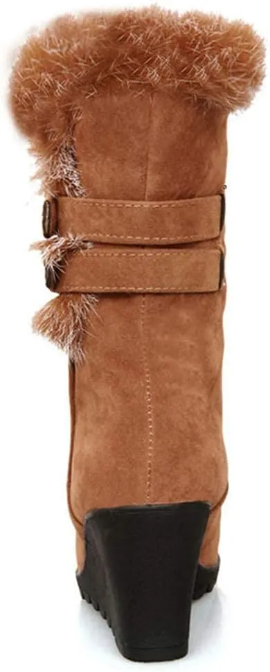 Bcshiye Winter Boots for Women,Faux Fur Lined Mid Calf Snow Boots Wedge Platform Hidden Heel Outdoor Slip On Booties