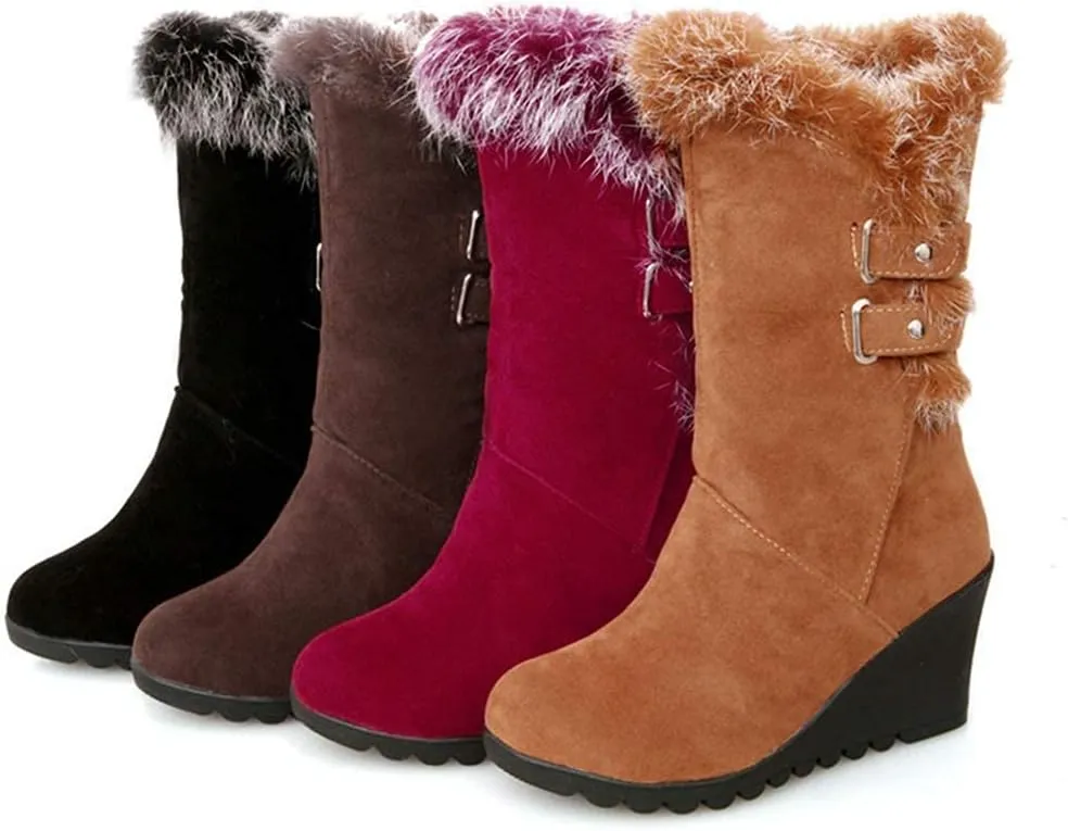Bcshiye Winter Boots for Women,Faux Fur Lined Mid Calf Snow Boots Wedge Platform Hidden Heel Outdoor Slip On Booties