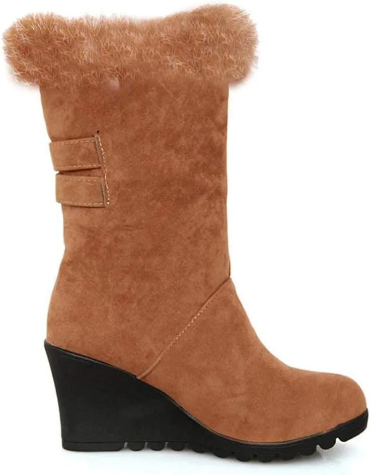 Bcshiye Winter Boots for Women,Faux Fur Lined Mid Calf Snow Boots Wedge Platform Hidden Heel Outdoor Slip On Booties