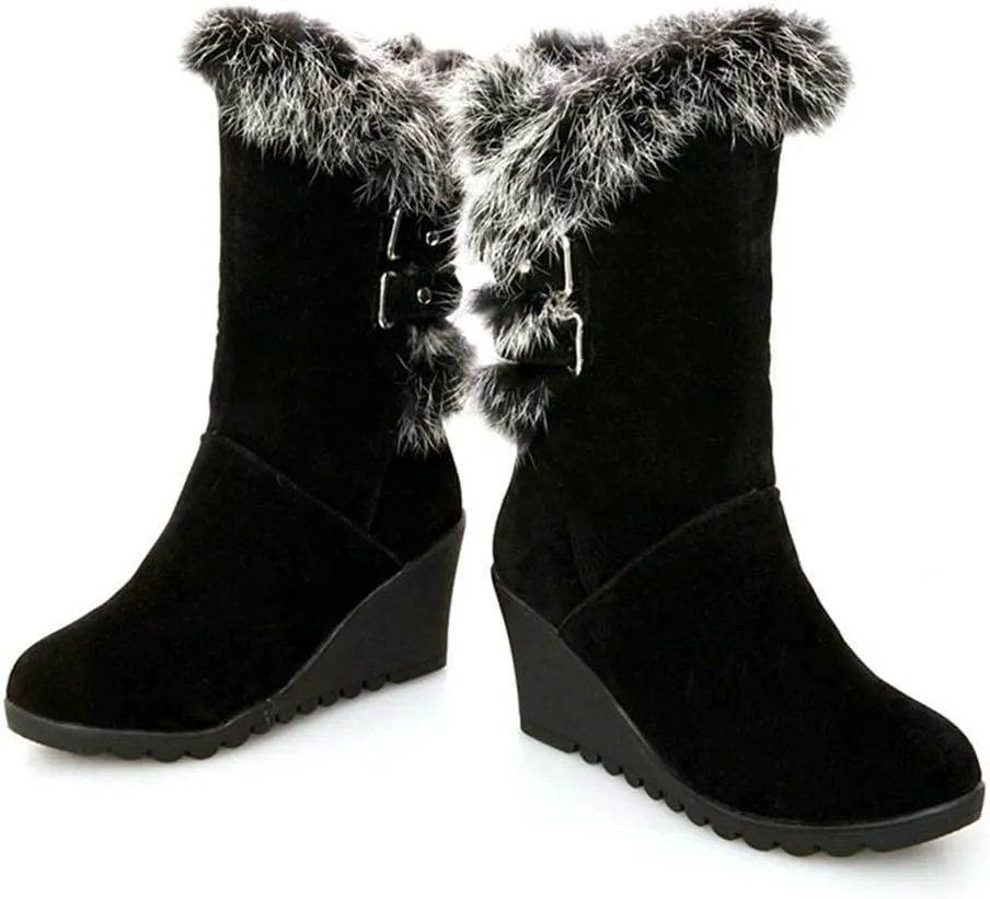 Bcshiye Winter Boots for Women,Faux Fur Lined Mid Calf Snow Boots Wedge Platform Hidden Heel Outdoor Slip On Booties