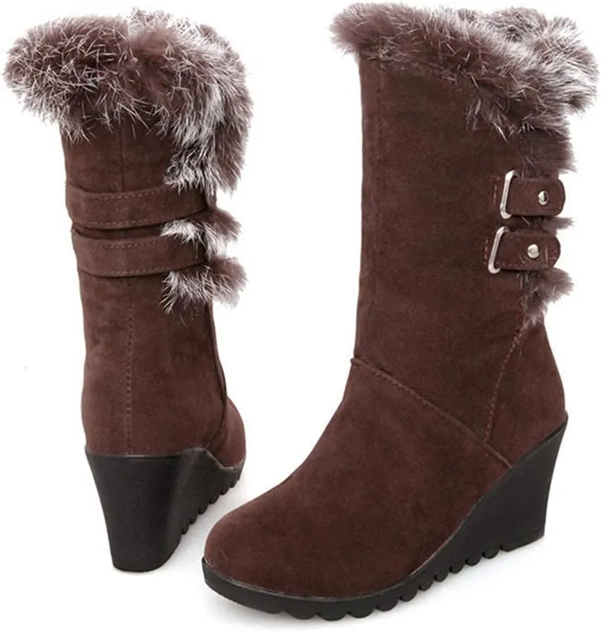 Bcshiye Winter Boots for Women,Faux Fur Lined Mid Calf Snow Boots Wedge Platform Hidden Heel Outdoor Slip On Booties