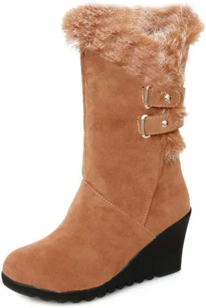 Bcshiye Winter Boots for Women,Faux Fur Lined Mid Calf Snow Boots Wedge Platform Hidden Heel Outdoor Slip On Booties
