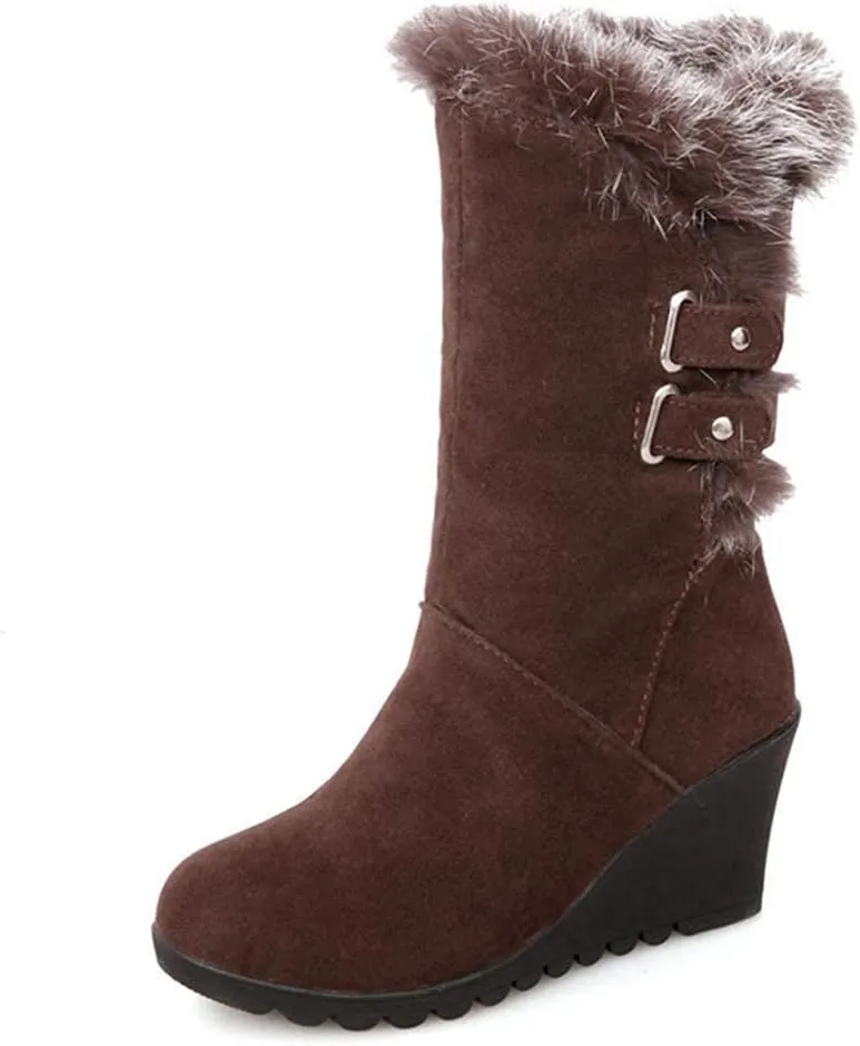 Bcshiye Winter Boots for Women,Faux Fur Lined Mid Calf Snow Boots Wedge Platform Hidden Heel Outdoor Slip On Booties
