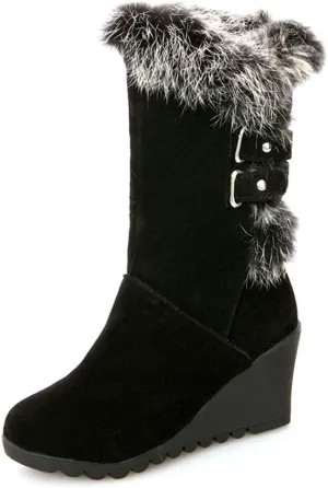Bcshiye Winter Boots for Women,Faux Fur Lined Mid Calf Snow Boots Wedge Platform Hidden Heel Outdoor Slip On Booties