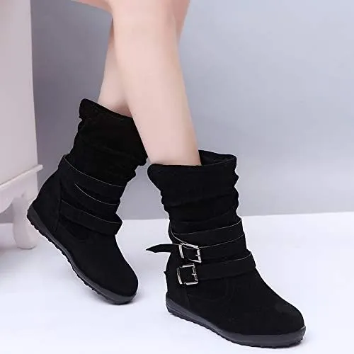 Bcshiye Women's Mid Calf Slouch Ankle Boots - Wide Width, Flat Heels, Vintage Winter Snow Riding Boots