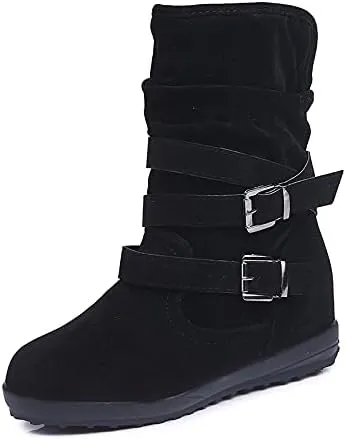 Bcshiye Women's Mid Calf Slouch Ankle Boots - Wide Width, Flat Heels, Vintage Winter Snow Riding Boots