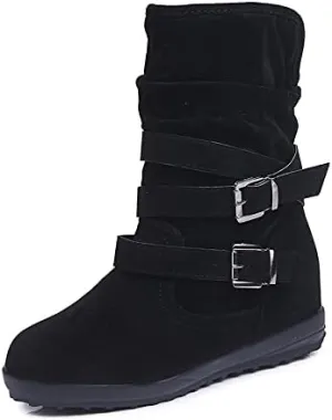 Bcshiye Women's Mid Calf Slouch Ankle Boots - Wide Width, Flat Heels, Vintage Winter Snow Riding Boots