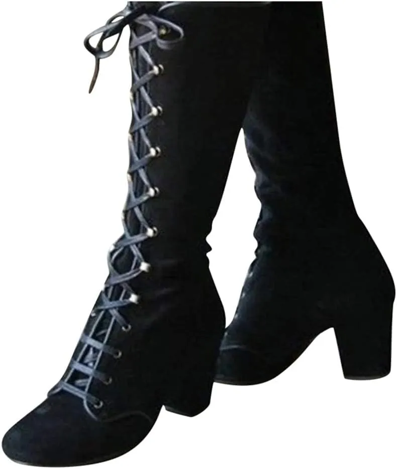 Bcshiye Women's Riding Booties Mid Calf Boots Retro Knee High Lace-up Combat Boots Chunky Heel Dress Western Booties