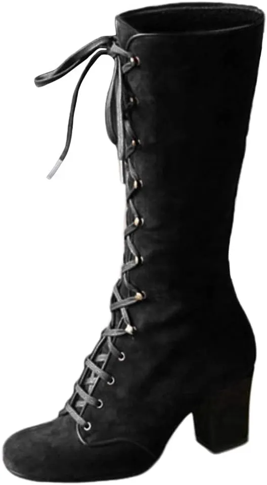Bcshiye Women's Riding Booties Mid Calf Boots Retro Knee High Lace-up Combat Boots Chunky Heel Dress Western Booties